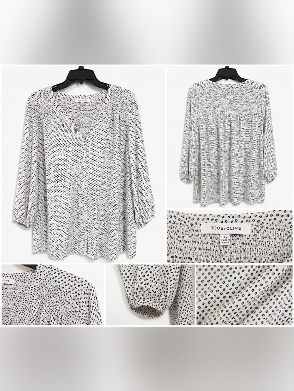 Rose + Olive Women’s 2X White Black Dot Print Babydoll Tunic Top 3/4 Sleeve Plus